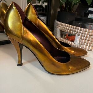 Sergio Rossi Leather Metallic Gold Heels Made in Italy Size 38